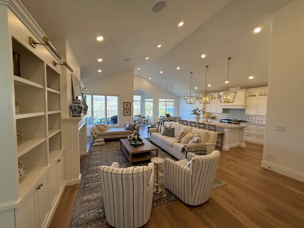 Wood-slat feature wall and built-in living room cabinetry